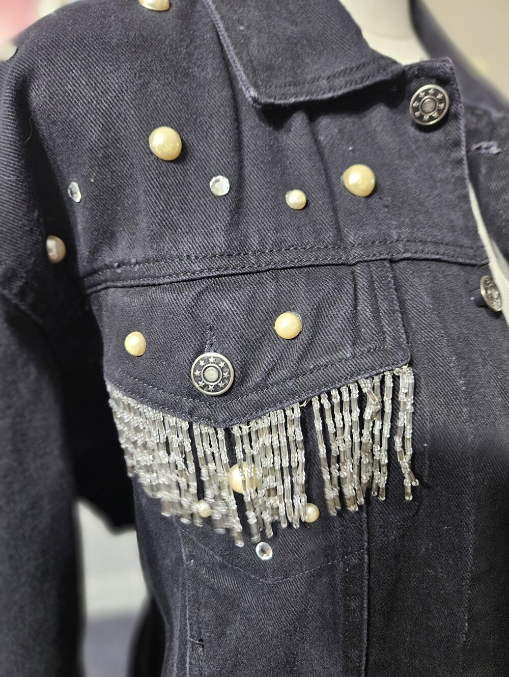 Denim Express Rhinestone Jean Jacket Small - Picture 3 of 6